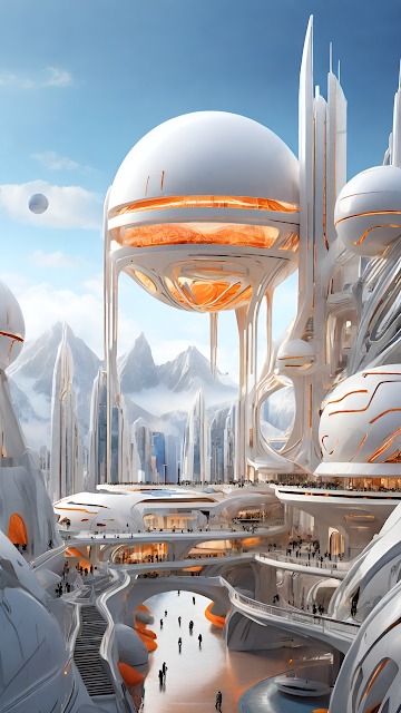 Alpine Utopia Futuristic City Architecture White Orange Glow - Free mobile Wallpaper