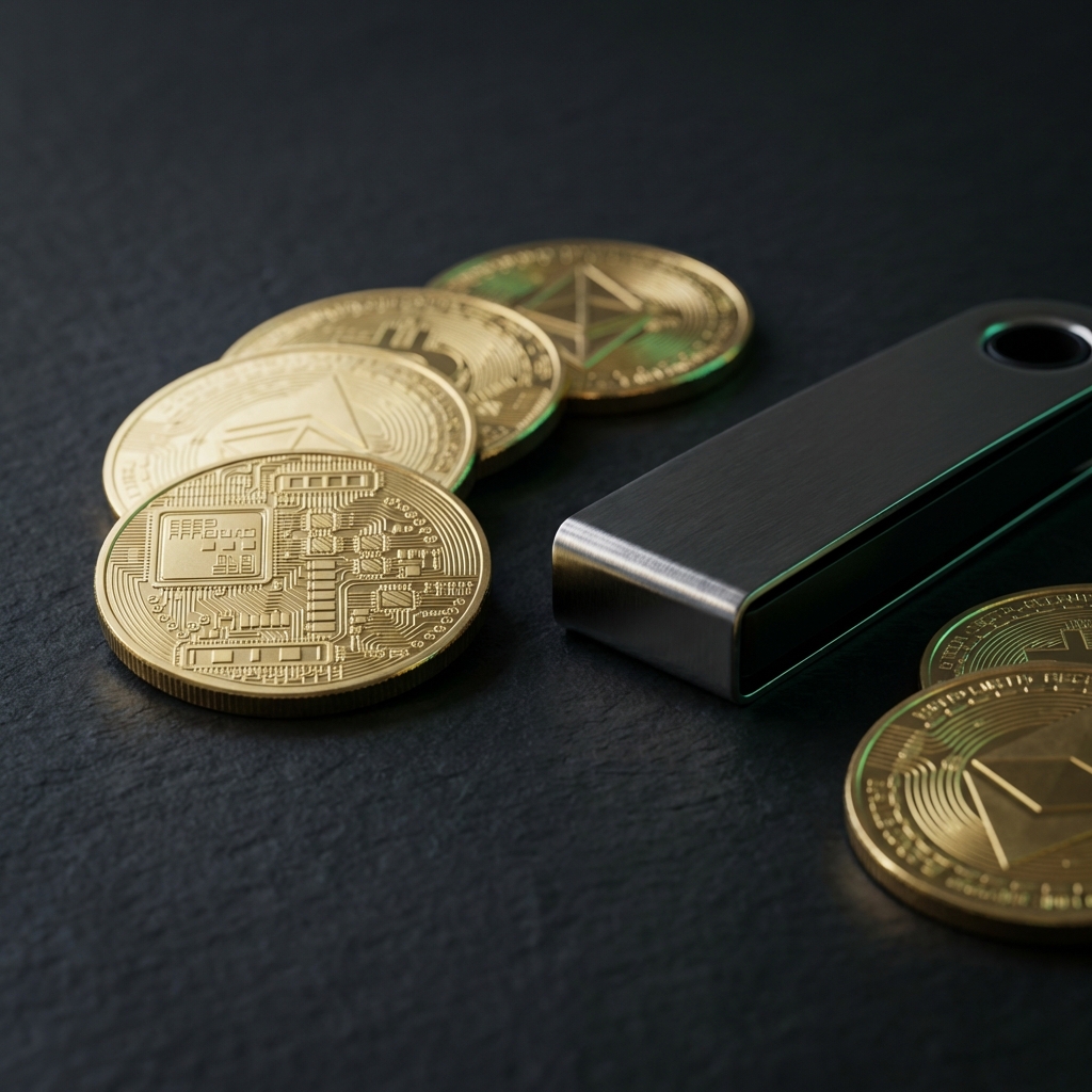 Close up of gold bitcoin coins and a hardware crypto wallet on a dark textured table with subtle Finance Police green and gold reflections why wont warren buffett buy bitcoin