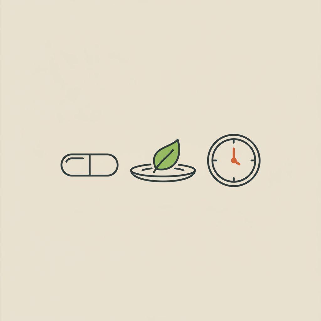 Minimal Tonum-style line illustration of a capsule, a small plate with a portion of food, and a clock on beige background — Is it better to take Lactobacillus in the morning or at night?