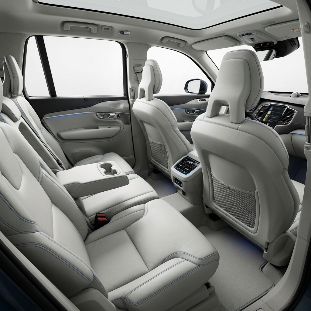 volvo xc90 for sale interior showing dashboard and second row seating emphasizing comfort premium leather materials bright white cabin and blue accent trim