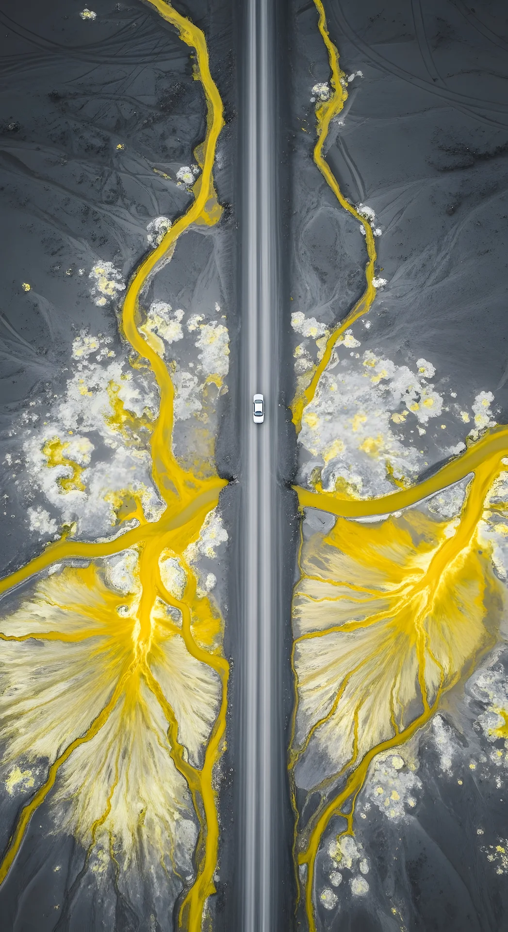 Aerial View of Car on Road Amidst Yellow Sulfur Streams - Free 4K mobile Wallpaper