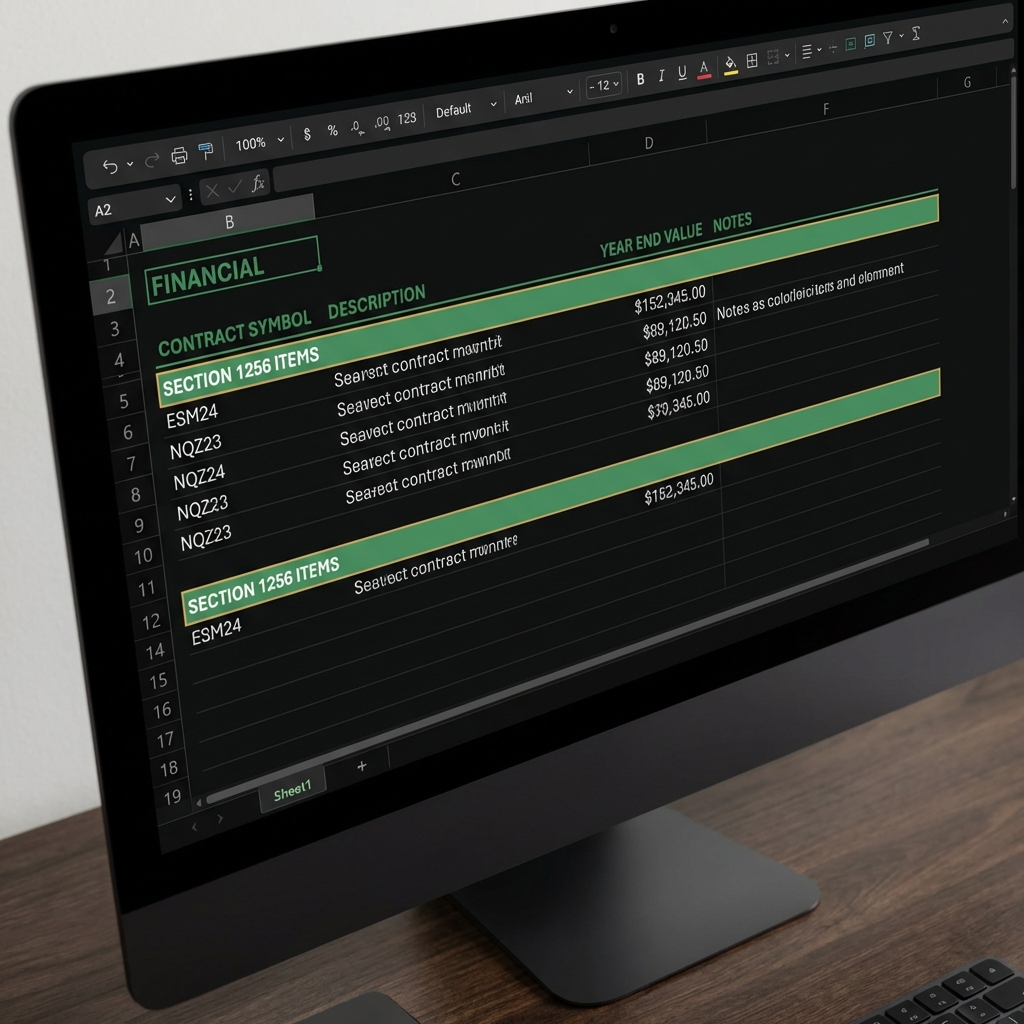 Close up spreadsheet showing contract symbols and year end values with Section 1256 rows highlighted for beginner futures trading