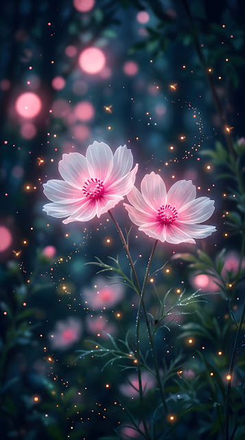 Digital Illustration of Glowing Translucent Flowers in Dark Atmospheric Setting - Free mobile Wallpaper