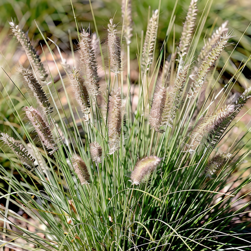 Pennisetum orientale Fairy Tails in piena fioritura con spighe argentate nel giardino