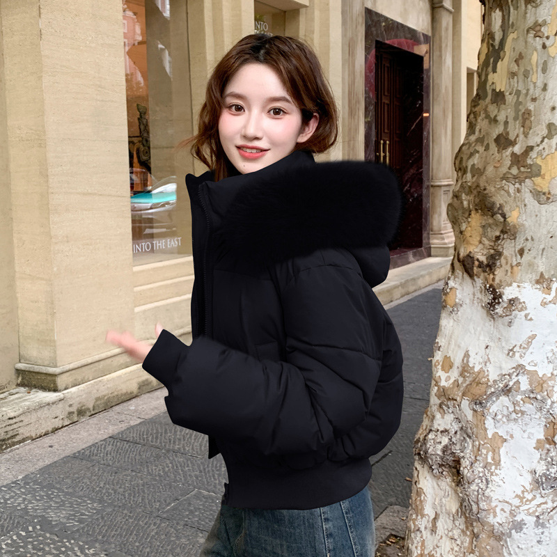 Short women's winter jacket with a removable hood