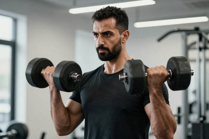 شاب يمارس تمارين المقاومة بالأثقال في الصالة الرياضية