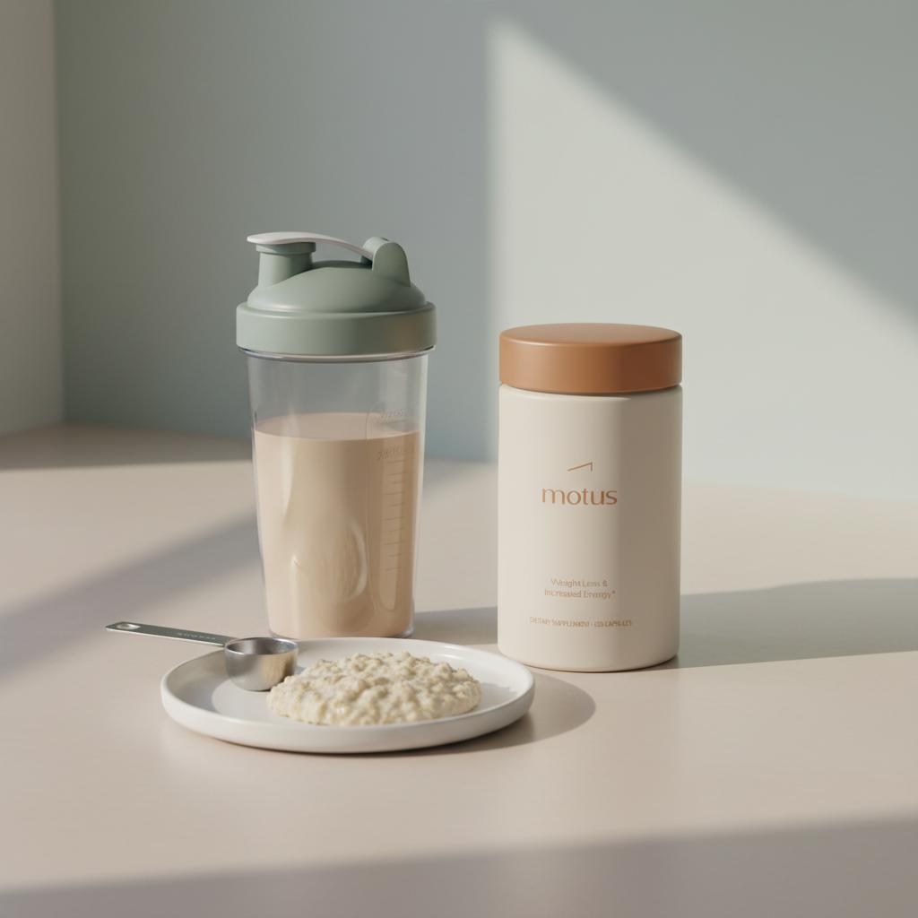 Tonum supplement container beside a post-workout shake and a plate with a measured 50g rice portion on a minimalist kitchen counter — alpha lipoic acid bodybuilding