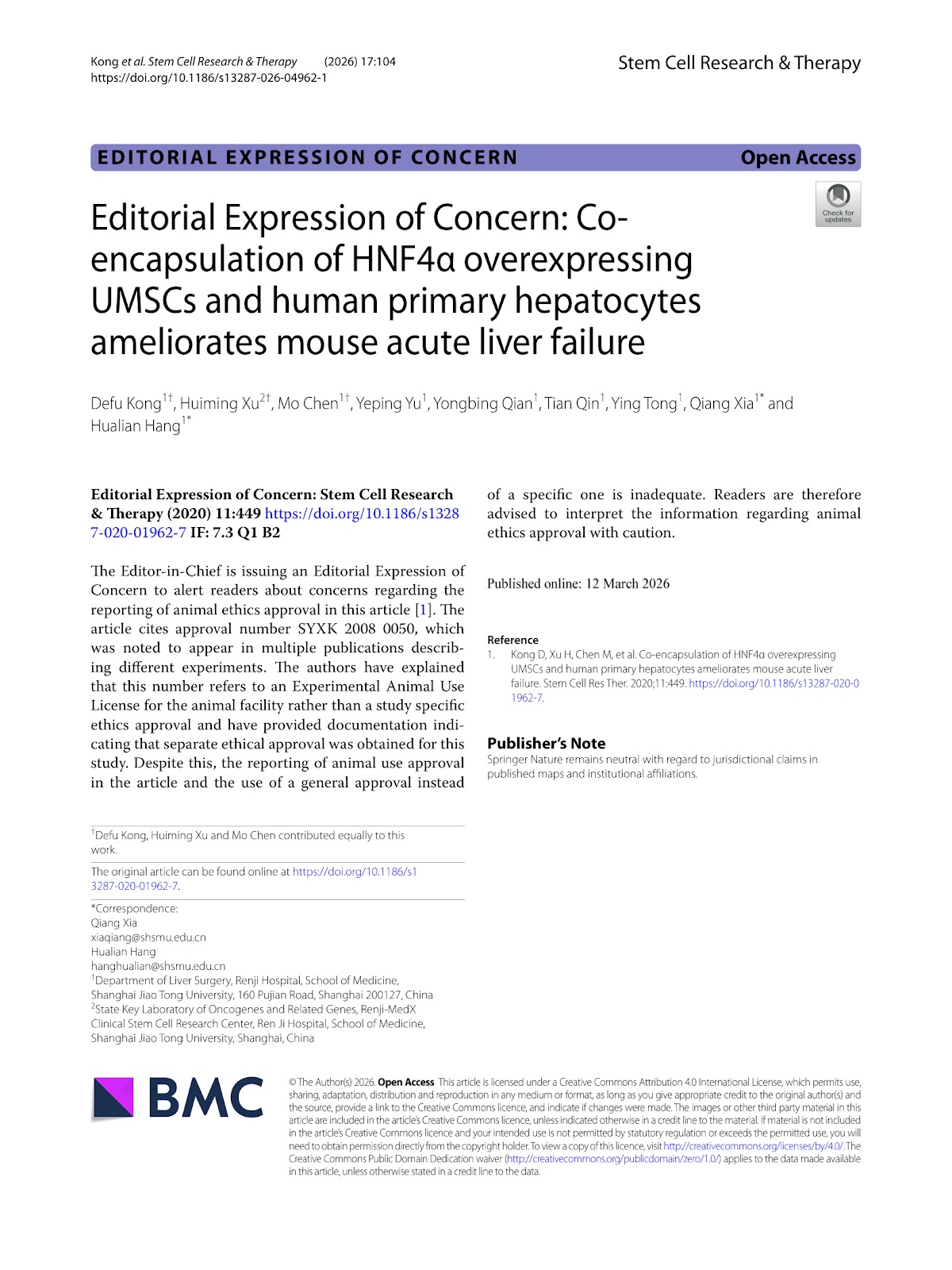 Editorial Expression of Concern: Co-encapsulation of HNF4α overexpressing UMSCs and human primary hepatocytes ameliorates mouse acute liver failure