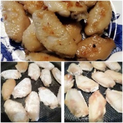 Làm nóng chảo rồi cho 1 lượng dầu vừa phải vào. Chờ dầu nóng thì cho các cánh gà áo bột vào chiên lần lượt. Thường xuyên lật trở mặt để cánh gà chín thịt và vàng đều các mặt. Khi thấy vỏ ngoài cánh gà chiên vàng nâu, gõ vào có độ cứng nhẹ tức là cánh gà chiên đã chín, giòn đủ độ.