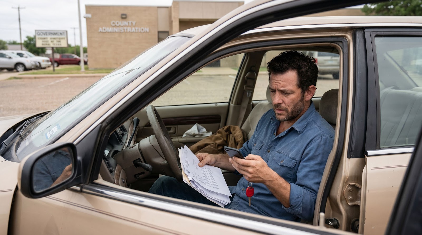 Hispanic Texas driver reviewing paperwork in his car after a ticket, illustrating speeding ticket texas car insurance consequences