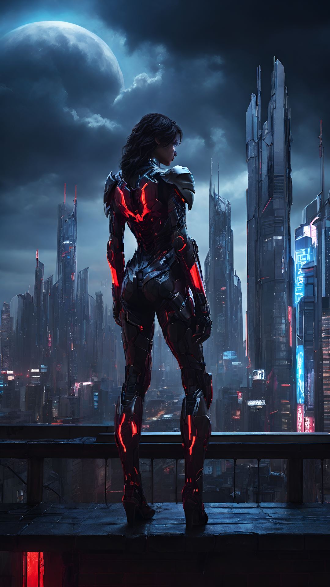 Cyberpunk Warrior Overlooking Neon Metropolis Skyline - Free 4K mobile Wallpaper