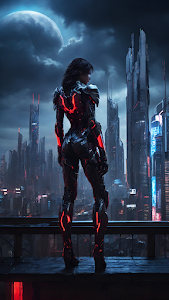 Cyberpunk Warrior Overlooking Neon Metropolis Skyline