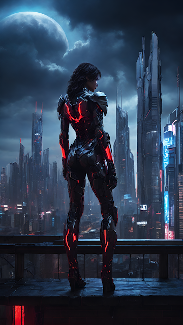 Cyberpunk Warrior Overlooking Neon Metropolis Skyline - Free mobile Wallpaper