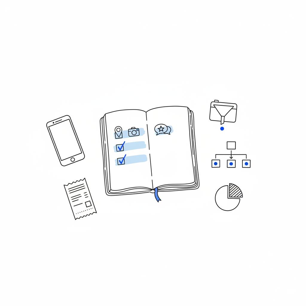 Minimal 2D vector sketch of a Yelp optimization checklist: notebook page with map-pin, camera and review icons checked in blue, simple funnel and flow diagrams on white.