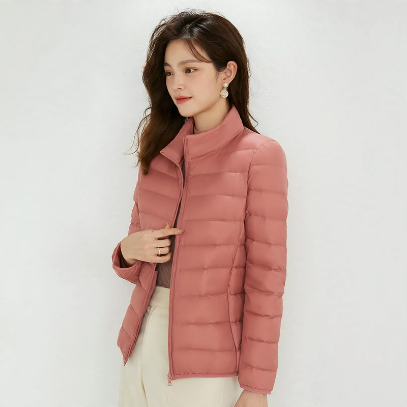 Lightweight women's down jacket with stand-up collar, white duck down