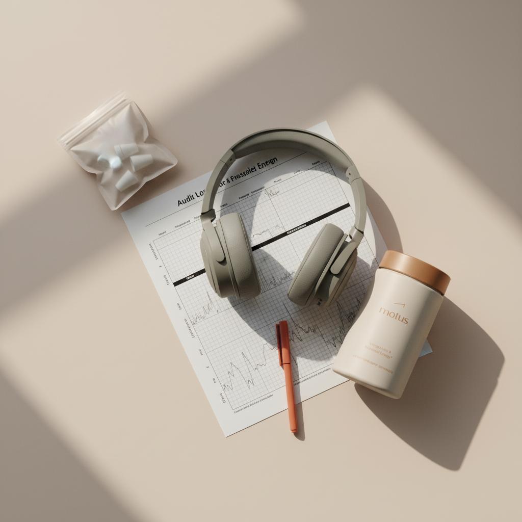 Flat-lay of foam earplugs pouch, over-ear headphones, Tonum supplement bottle from reference, and audiogram sheet on matte beige background — supplements improve performance