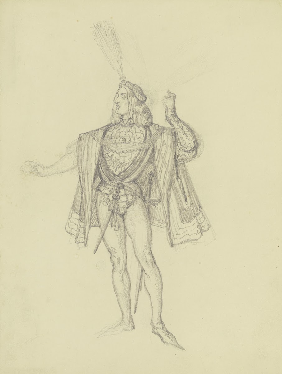 Kostümfigur mit Barett und hoher Feder