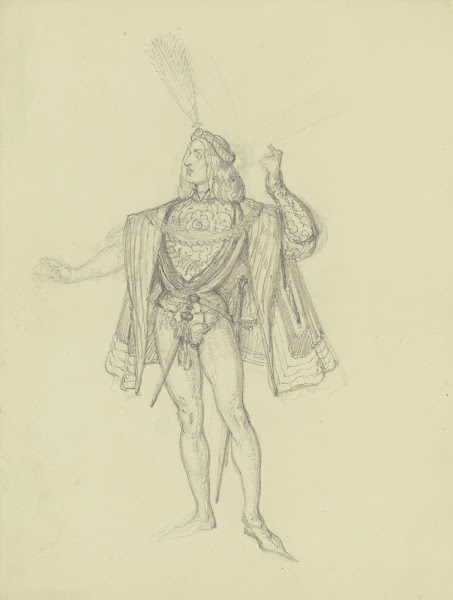 Kostümfigur mit Barett und hoher Feder