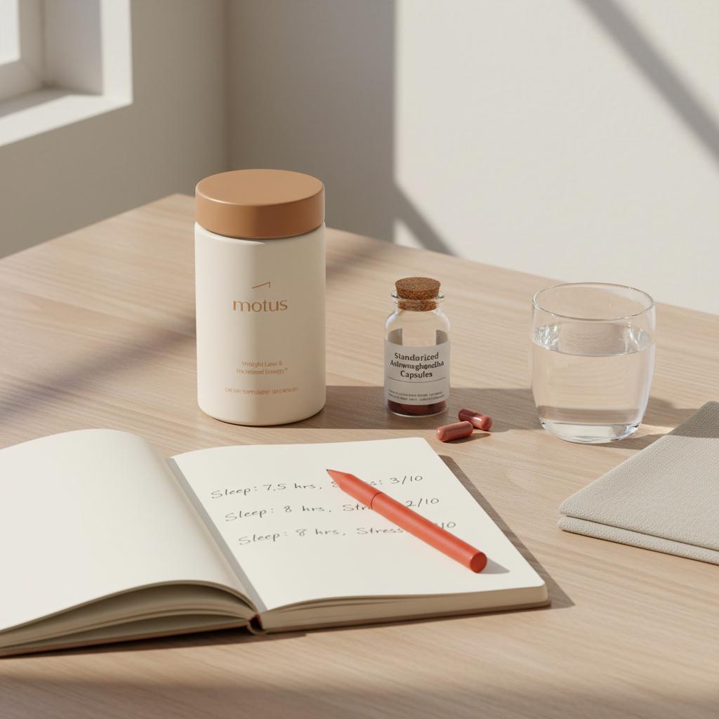 Tonum supplement container and open ashwagandha capsule bottle beside a sleep and stress tracking notebook for article is ashwagandha a nootropic
