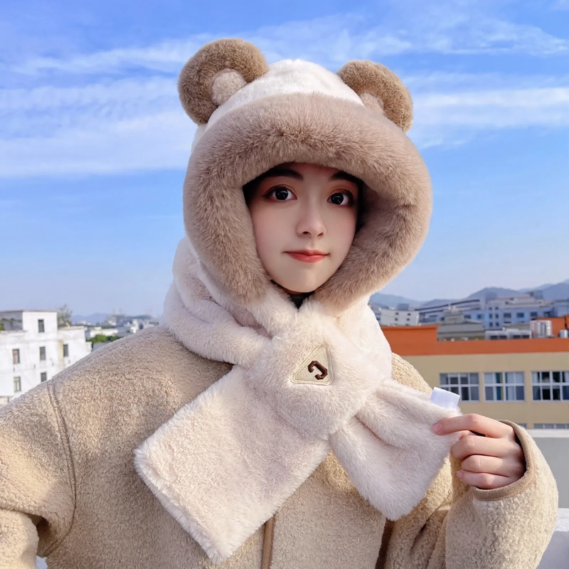 Plush Set: Bear Hooded Hat and Scarf