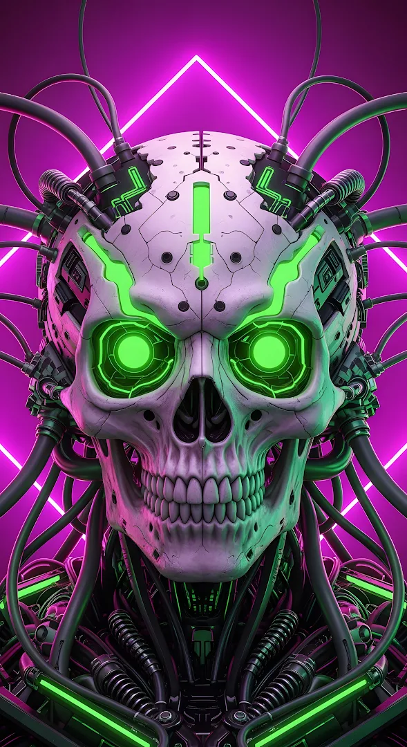 Cyberpunk Skull with Neon Green Eyes and Magenta Lighting