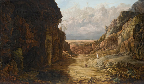 Hagar And Ishmael In A Distant Rocky Landscape