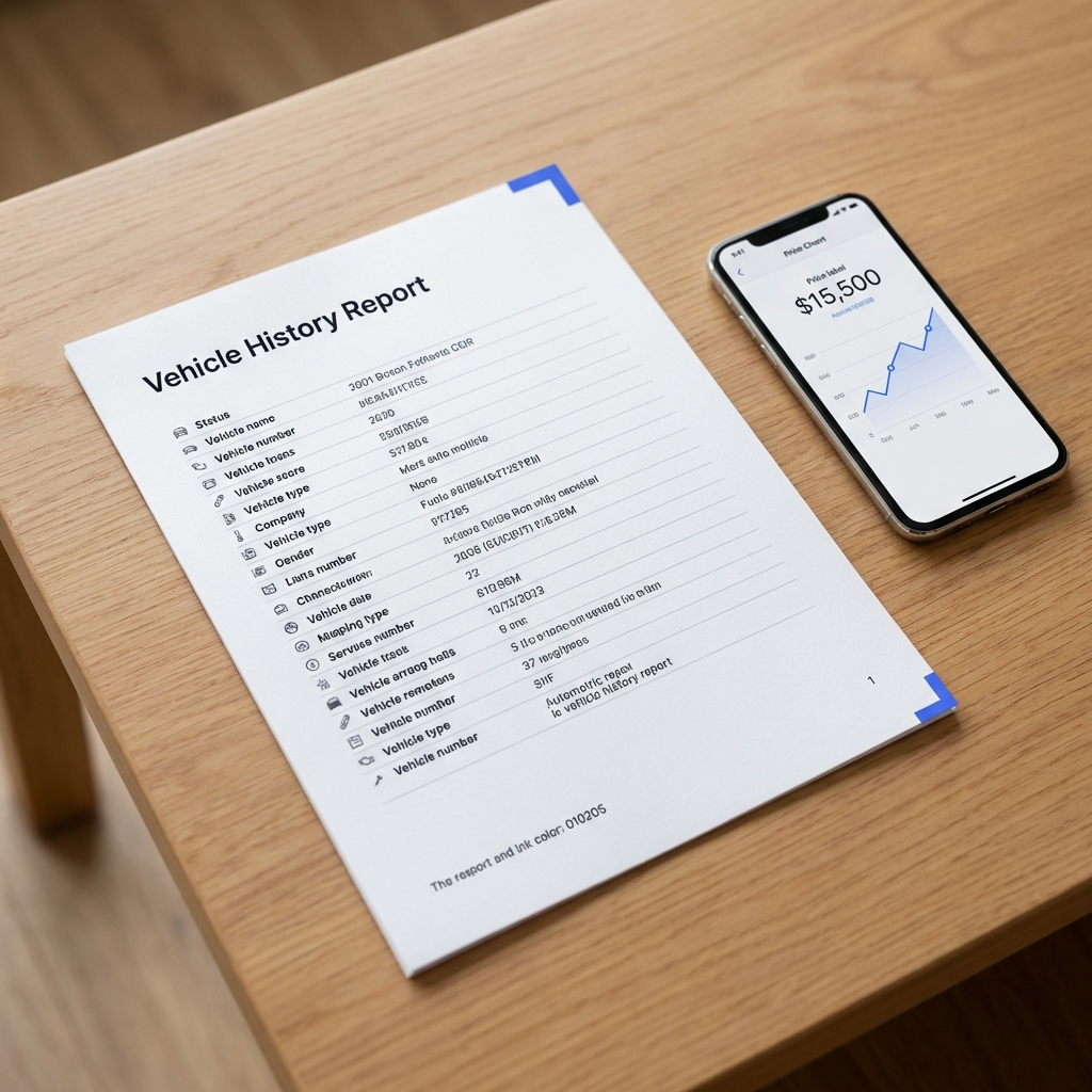 Close overhead shot of a vehicle history report and smartphone showing a price analysis label on a wooden table minimalist CarFax Deals styling used toyota 4runner for sale