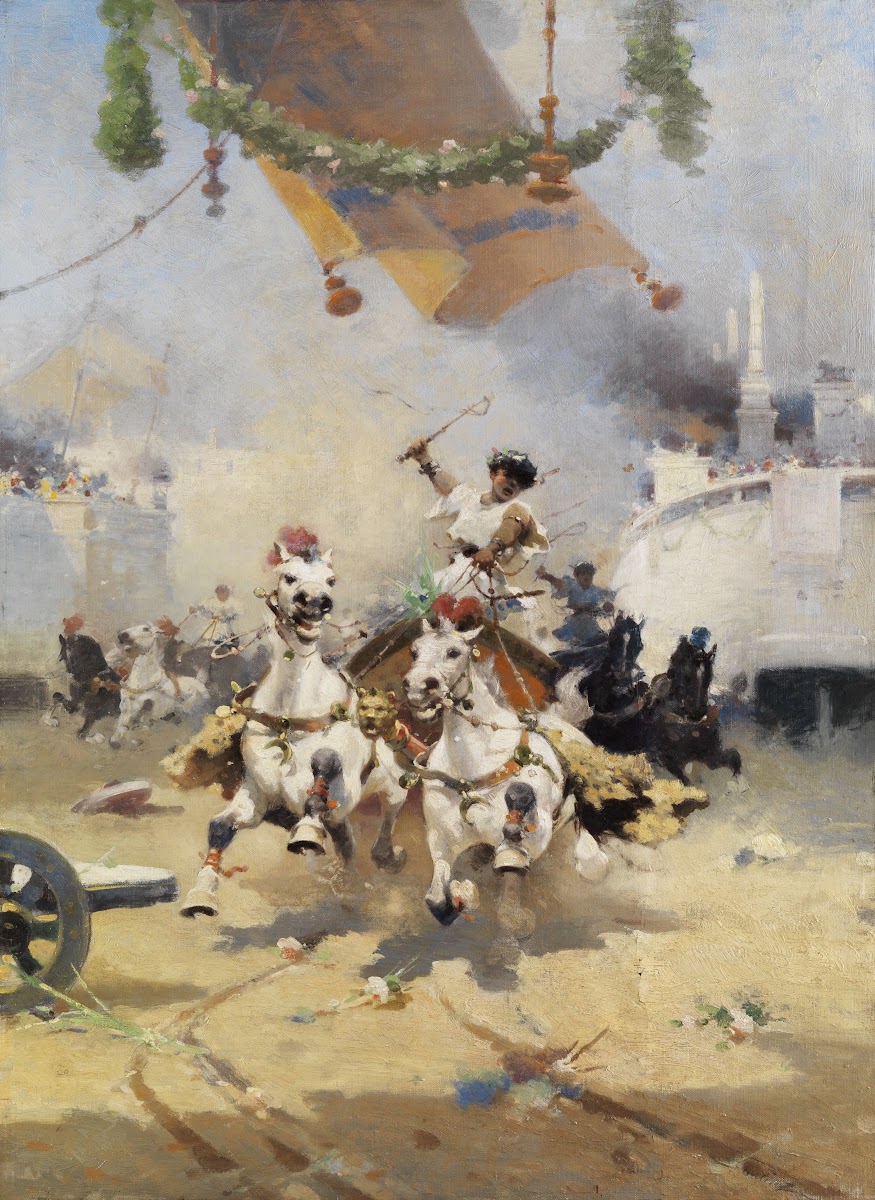 Chariot race with bigas in the Roman arena 1904