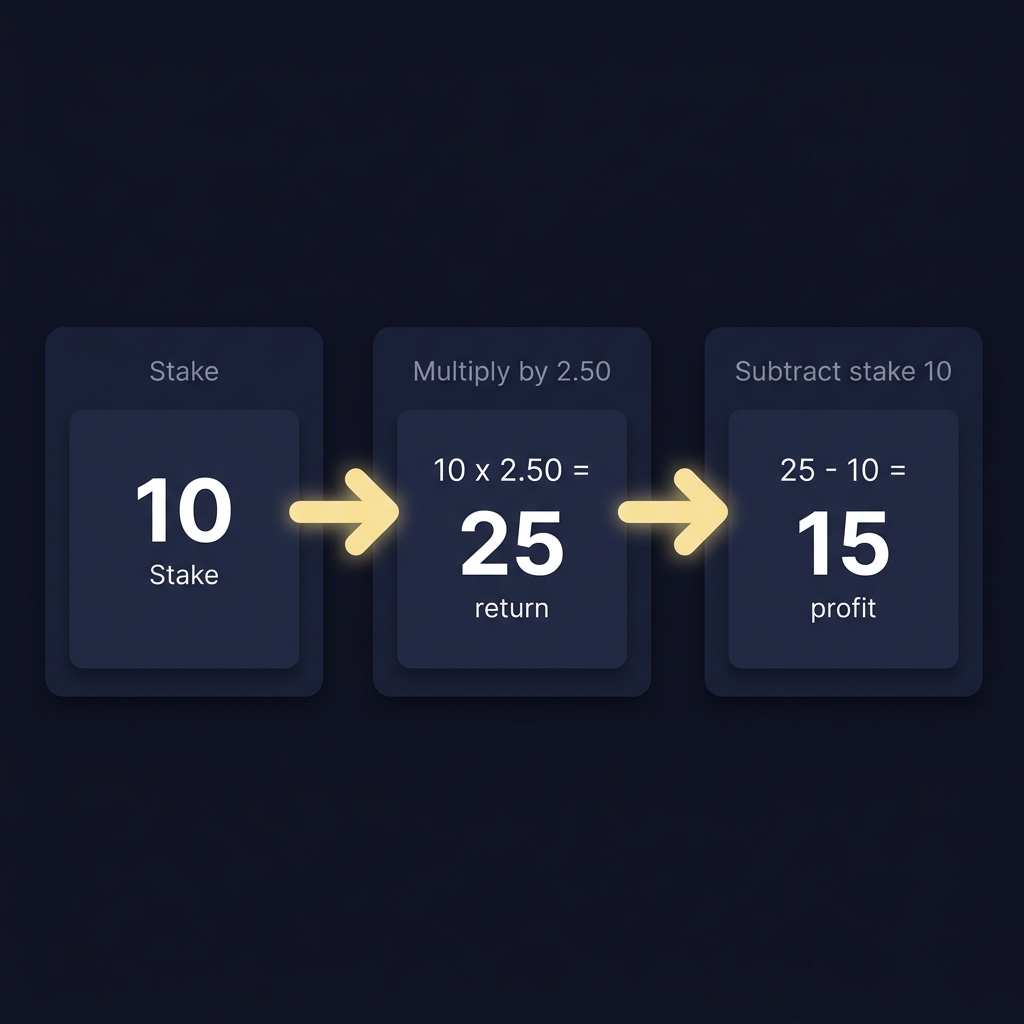 return on bet calculator simple three step decimal example showing 10 stake times 2.50 equals 25 return minus 10 equals 15 profit with clear numbers and arrows