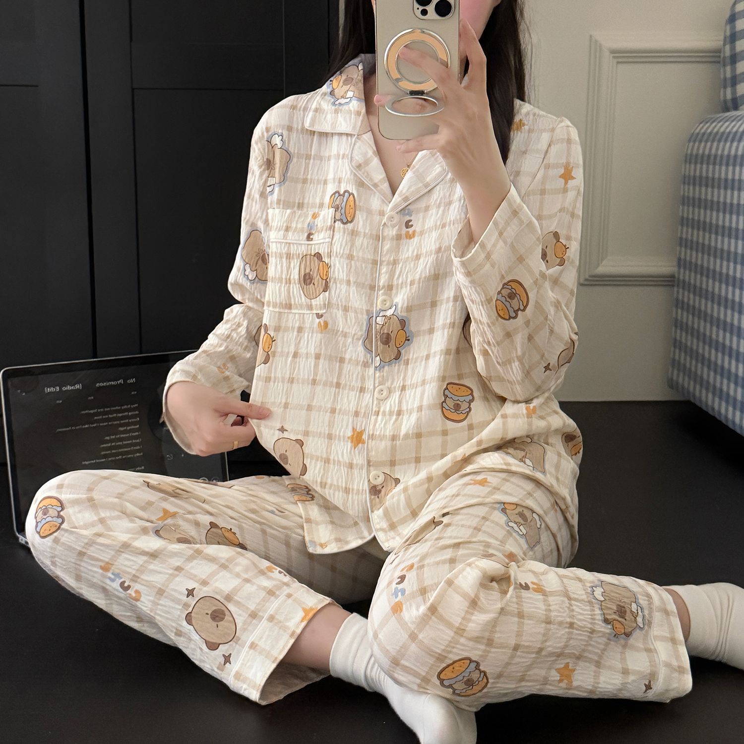 Damen-Pyjama-Set, langärmelig, Baumwolle, für Frühling und Herbst