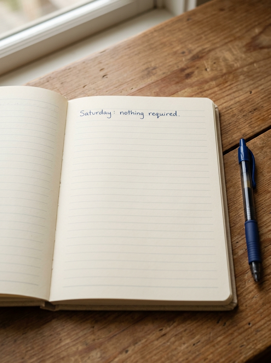 A notebook open to a mostly blank page, pen resting beside it, one line written — Saturday: nothing required.