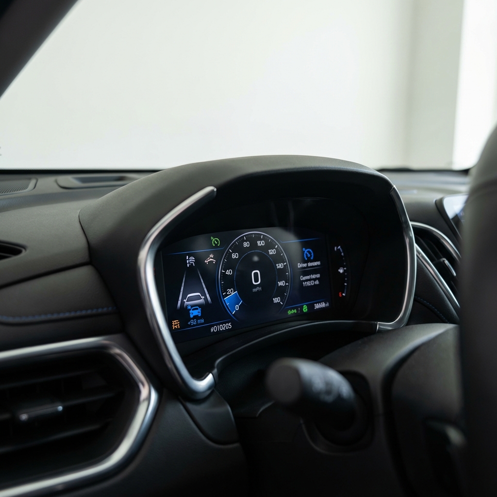 Close up of chevy equinox suv dashboard showing driver assistance icons and instrument cluster in clean white minimal interior with natural lighting