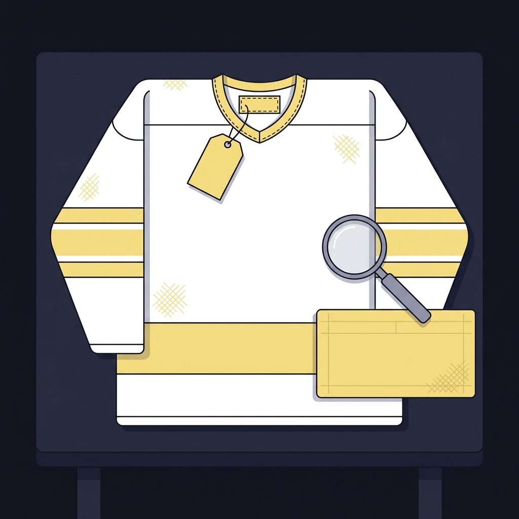 Minimalist 2D vector of a vintage hockey jersey laid flat on a dark table with blank tags magnifying loupe and archival tools suggesting a collector inspection scene for best nhl prediction site