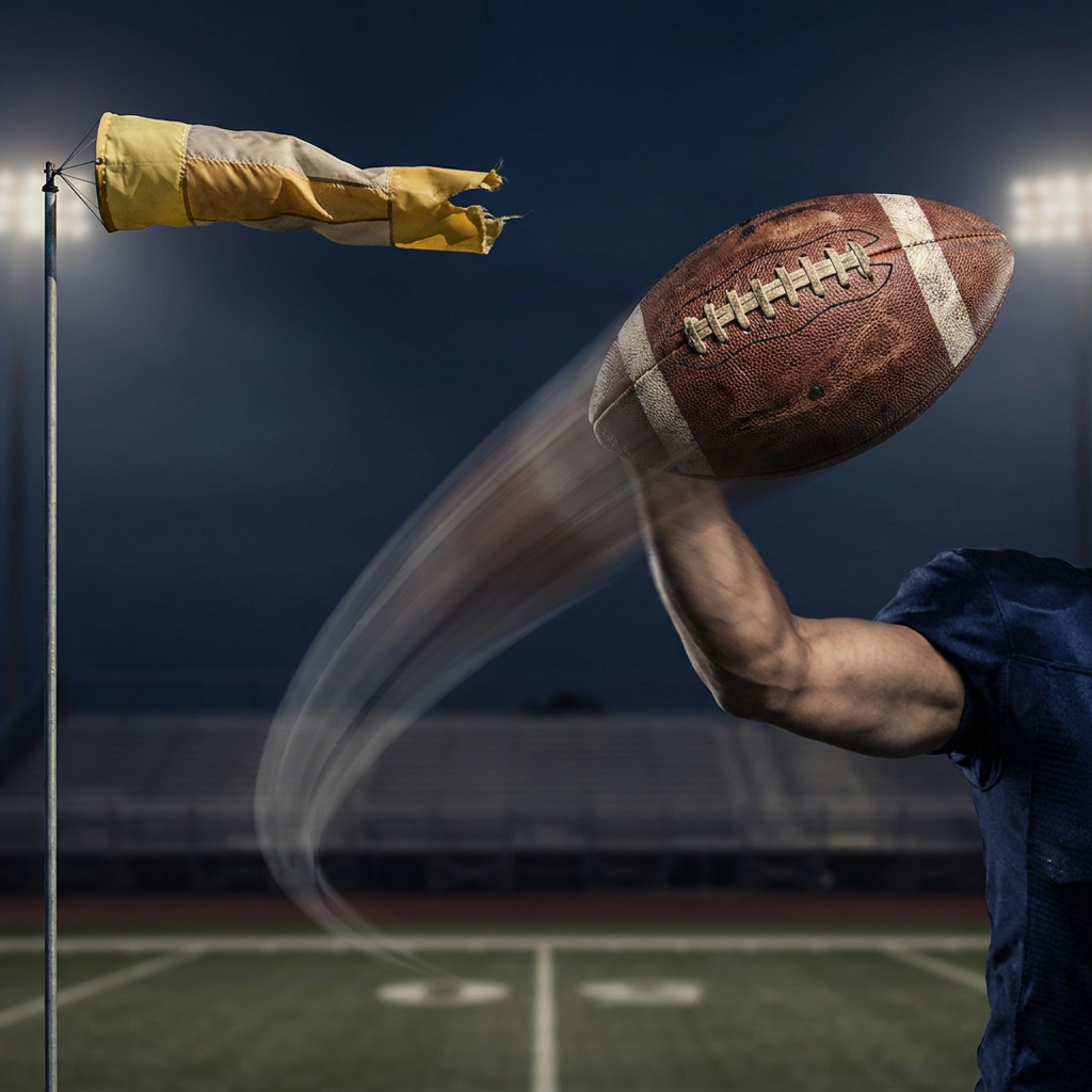 Close up of football pass in strong crosswind with visible sideline flag and blurred ball trajectory illustrating How Wind Changes Scoring Conditions