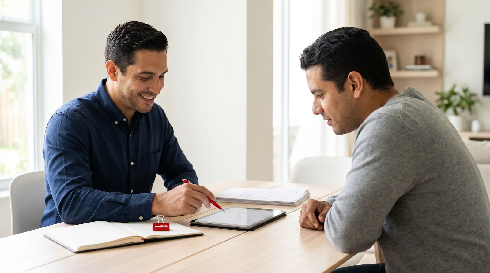 Hispanic client meeting with an advisor at home to discuss life insurance financial independence and cash value options
