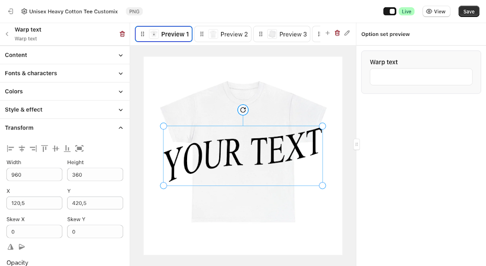 Transform panel with Width, Height, X, Y, Skew X, Skew Y, Opacity, and Rotation fields