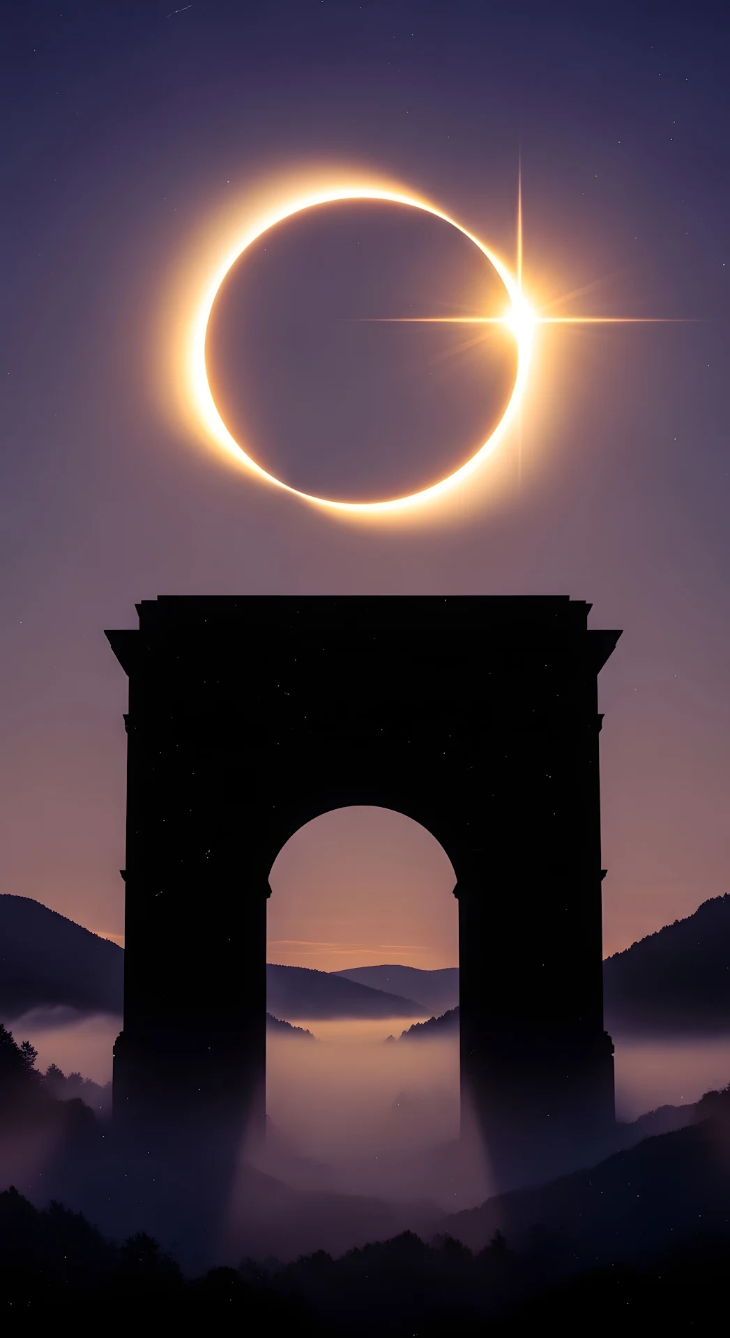 Solar Eclipse Starburst Above Roman Arch Silhouette - Free 4K mobile Wallpaper