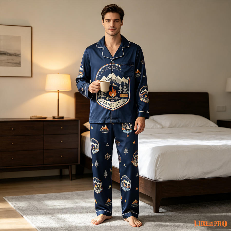 AOP Long Milk Silk Pajama Set With Pockets For Men