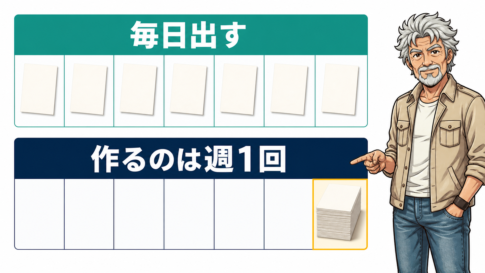 週に1回まとめて仕込めば毎日自動で投稿が出ていくカレンダーの対比図