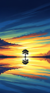 Ethereal Illustration of a Solitary Tree Reflected in Still Water at Dramatic Sunset