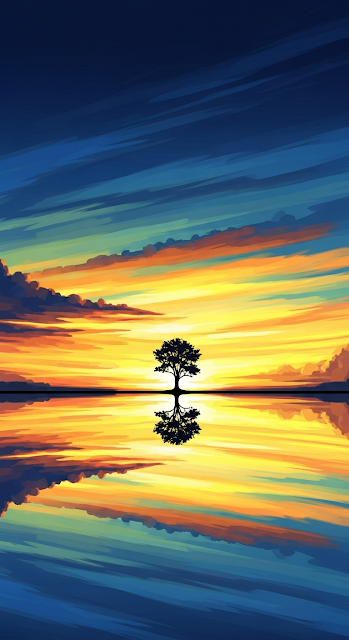 Ethereal Illustration of a Solitary Tree Reflected in Still Water at Dramatic Sunset - Free mobile Wallpaper