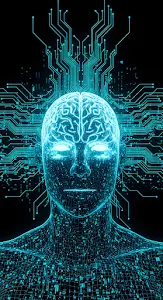 Glowing Digital Brain and Circuit Board AI Wireframe Head