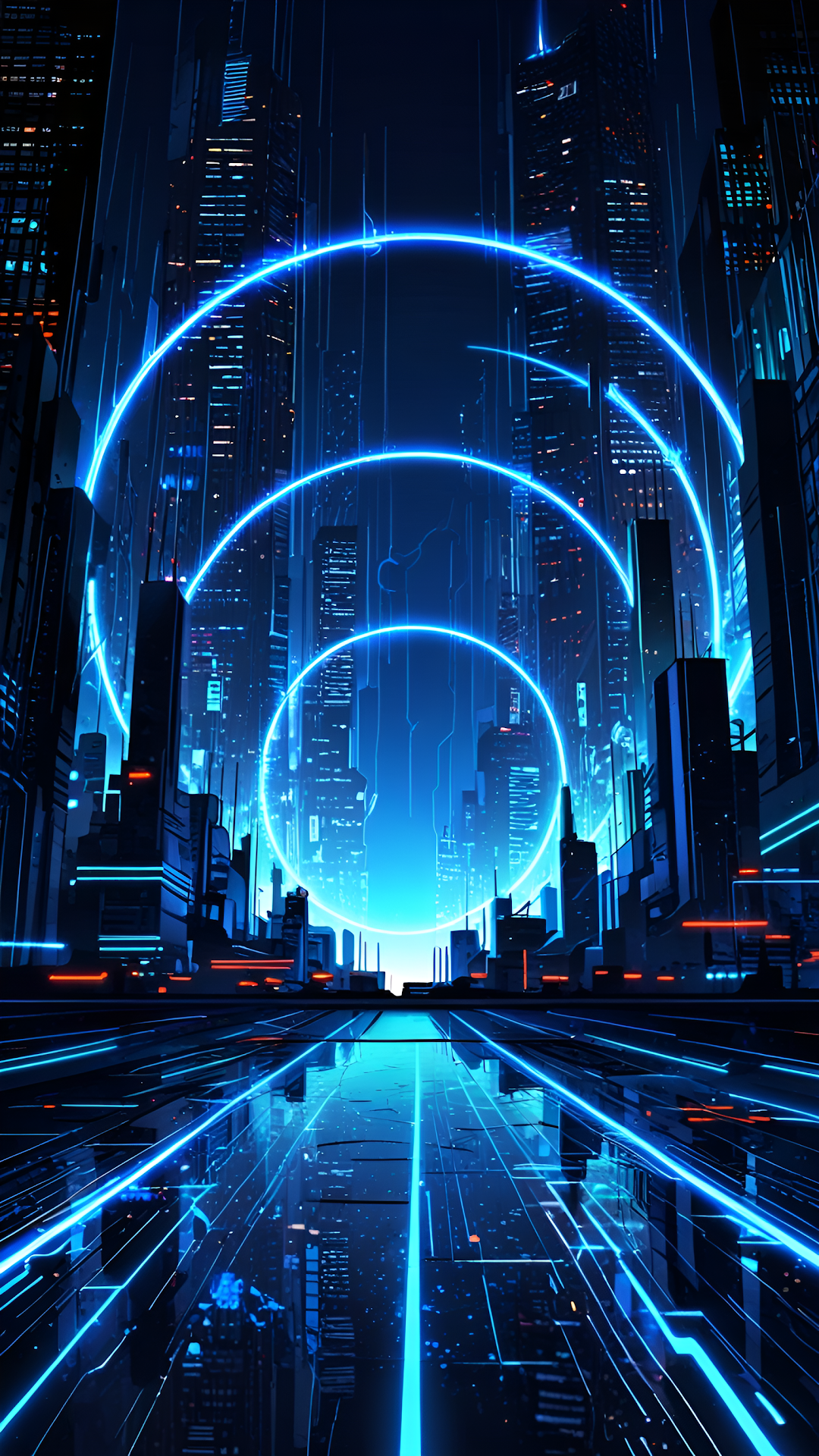 Futuristic city with glowing blue neon rings and wet streets - Free 4K mobile Wallpaper