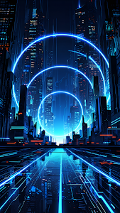 Futuristic city with glowing blue neon rings and wet streets