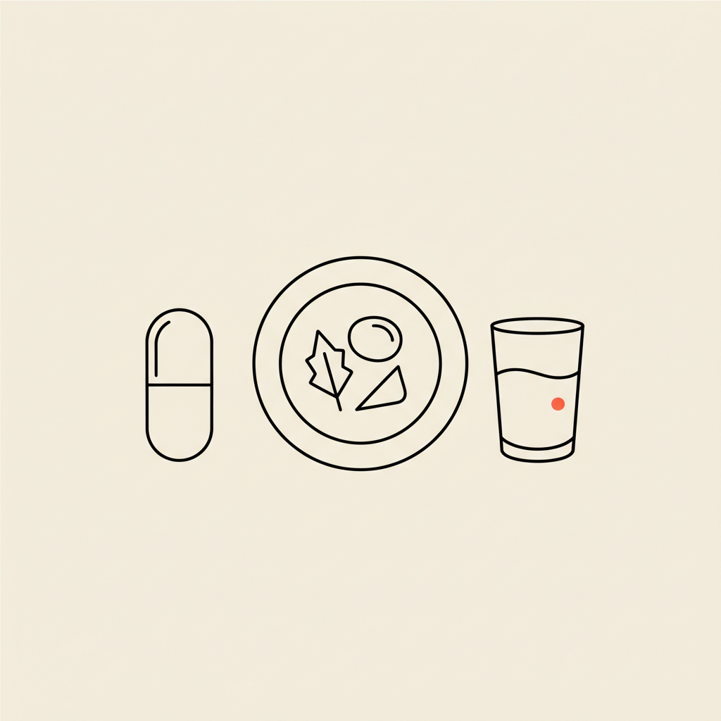 Minimal Tonum-style vector line illustration of a capsule, a balanced plate with vegetables and protein, and a water glass representing metabolism and healthy nutrition.