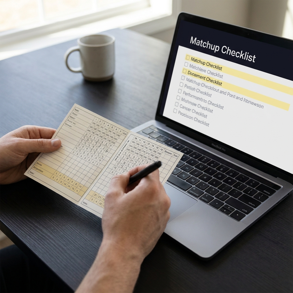 Close up of a golf scorecard and laptop showing a matchup checklist with hands taking notes in natural daylight minimalist setup for Trading Head-to-Head Golfer Matchups