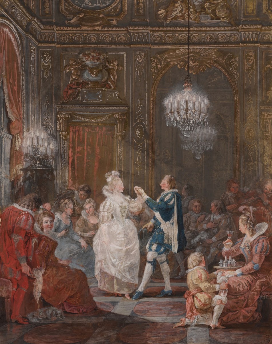 A party in a Louis XVI interior lit by a candelabra and a torchere with a couple
