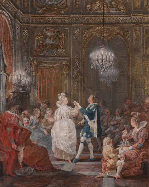 A party in a Louis XVI interior lit by a candelabra and a torchere with a couple