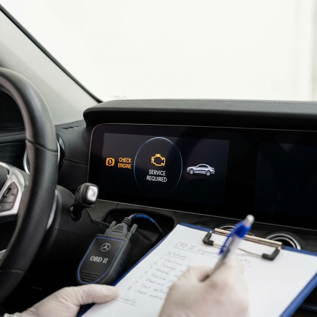 Close up of mercedes for sale dashboard warning cluster with OBD II diagnostic tool connected and technician taking notes on a clipboard clean white background and blue CarFax Deals accents