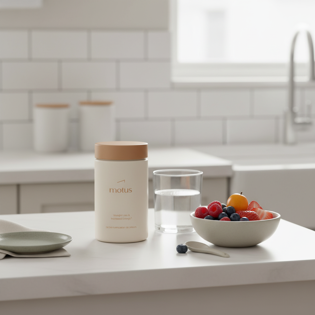 Who should avoid L-carnitine? Tonum Motus supplement jar on a minimalist kitchen counter beside a bowl of berries and a glass of water, calm morning routine for weight loss.
